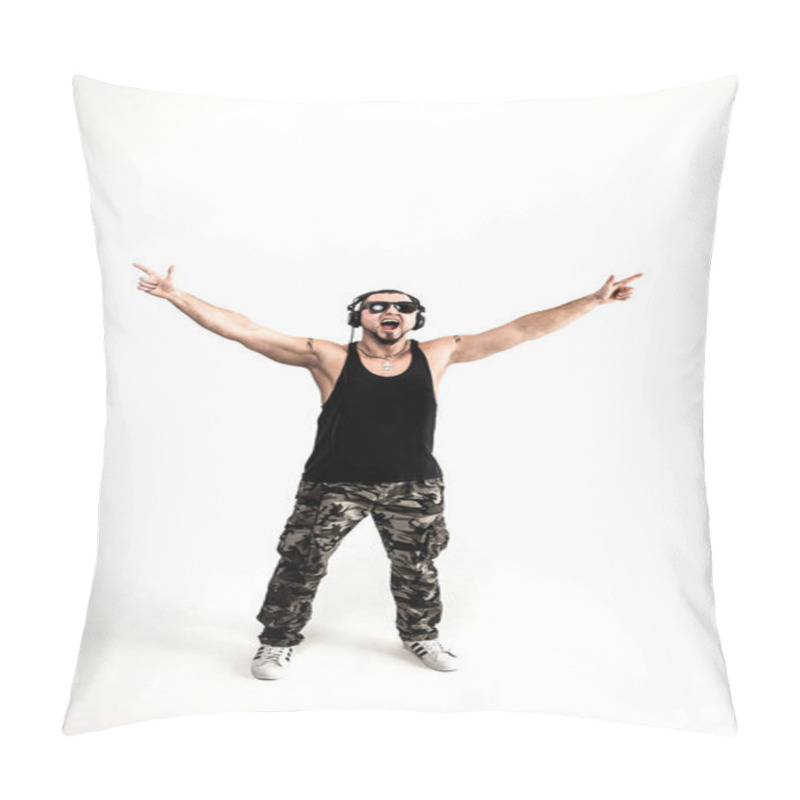 Personality  Emotional And Charismatic DJ - Rapper With Headphones On A White Pillow Covers