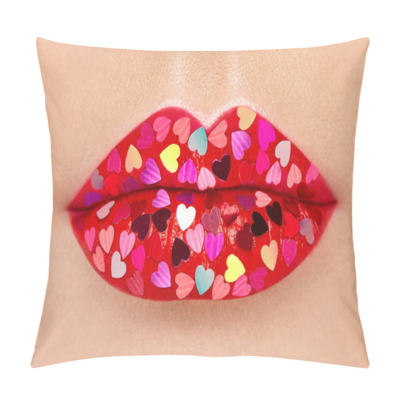 Personality  Beautiful Plump Pink Lips With Pasted Hearts. Beauty Sexy Lips With Red Lipstick. Valentine's Day. Beautiful Love Make-up Pillow Covers