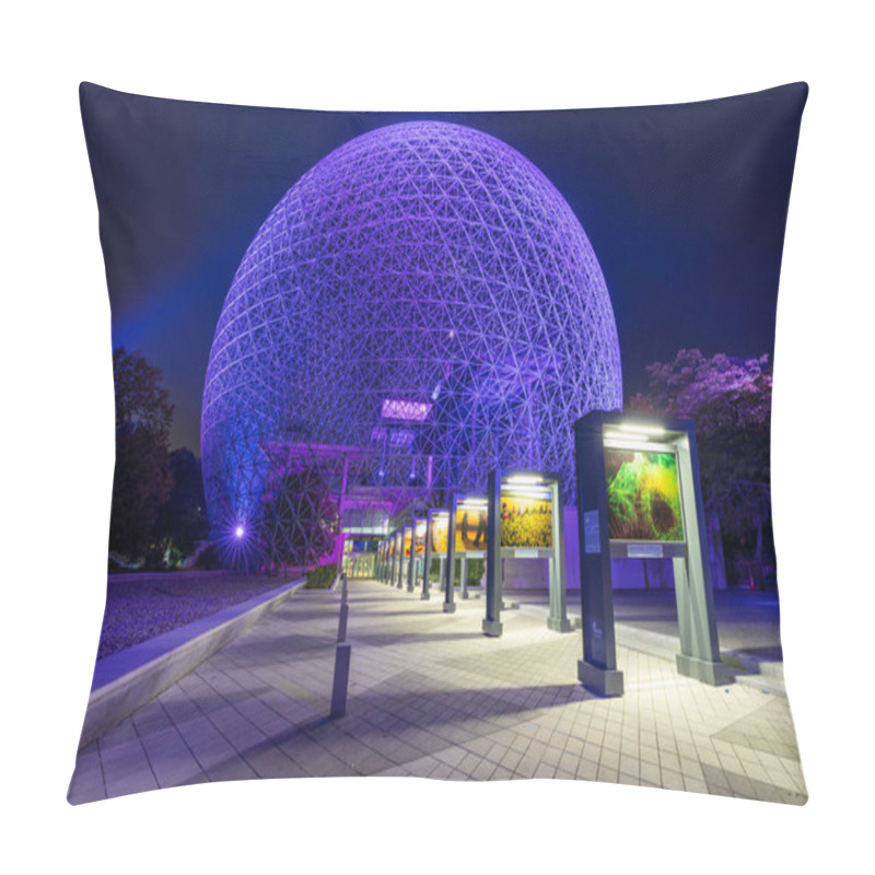 Personality  Montreal, Quebec, Canada - August 5 2021 : Montreal Biosphere Illuminated At Night. Jean-Drapeau Park, Saint Helens Island. Pillow Covers