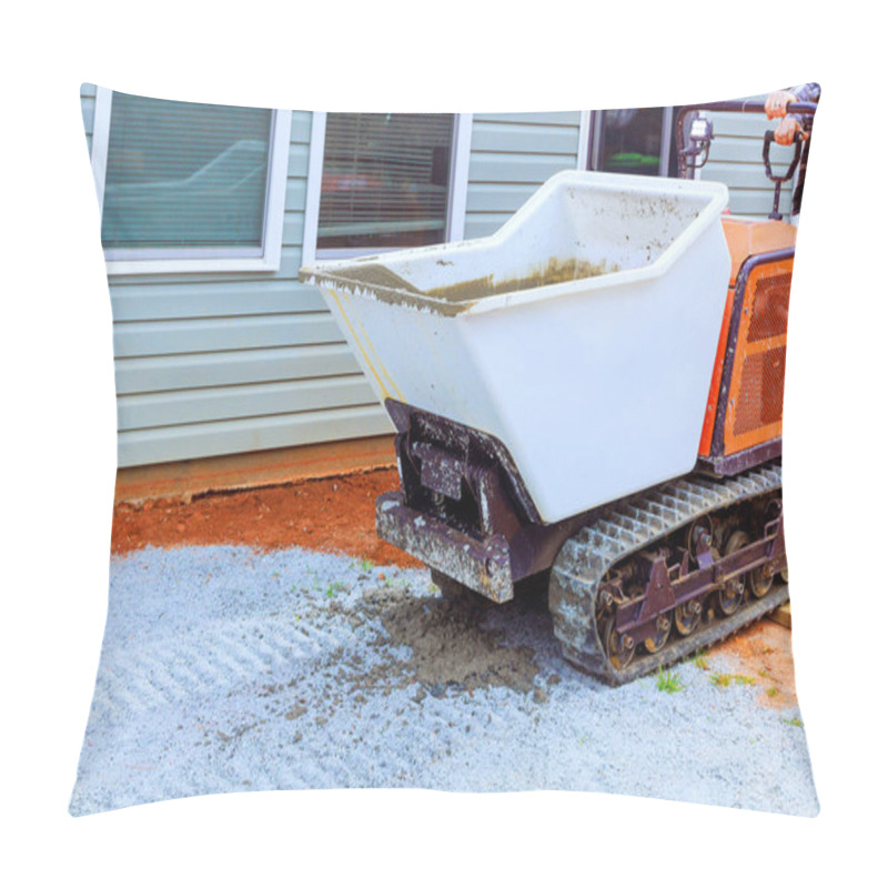 Personality  Compact, Tracked Dumper Transports Wet Concrete In Residential Yard, Preparing Area For Foundation Outside Home Pillow Covers