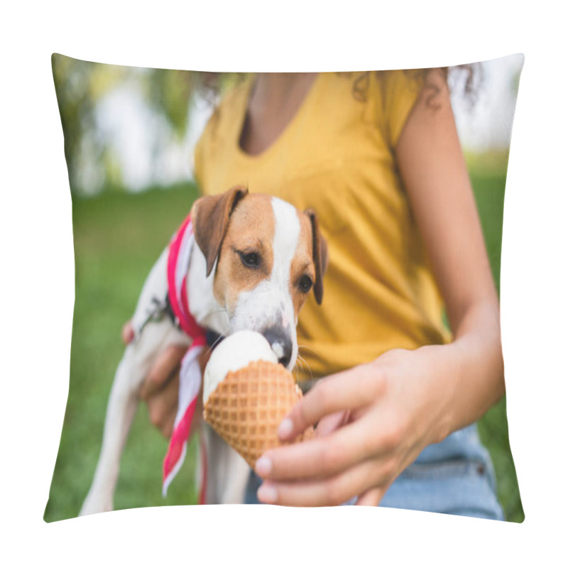 Personality  Selective Focus Of Jack Russell Terrier Dog Eating Ice Cream From Hand Pillow Covers