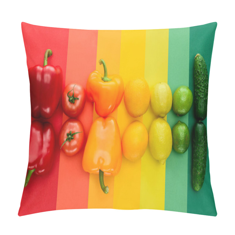 Personality  Top View Of Ripe Fruits And Vegetables On Rainbow Surface Pillow Covers