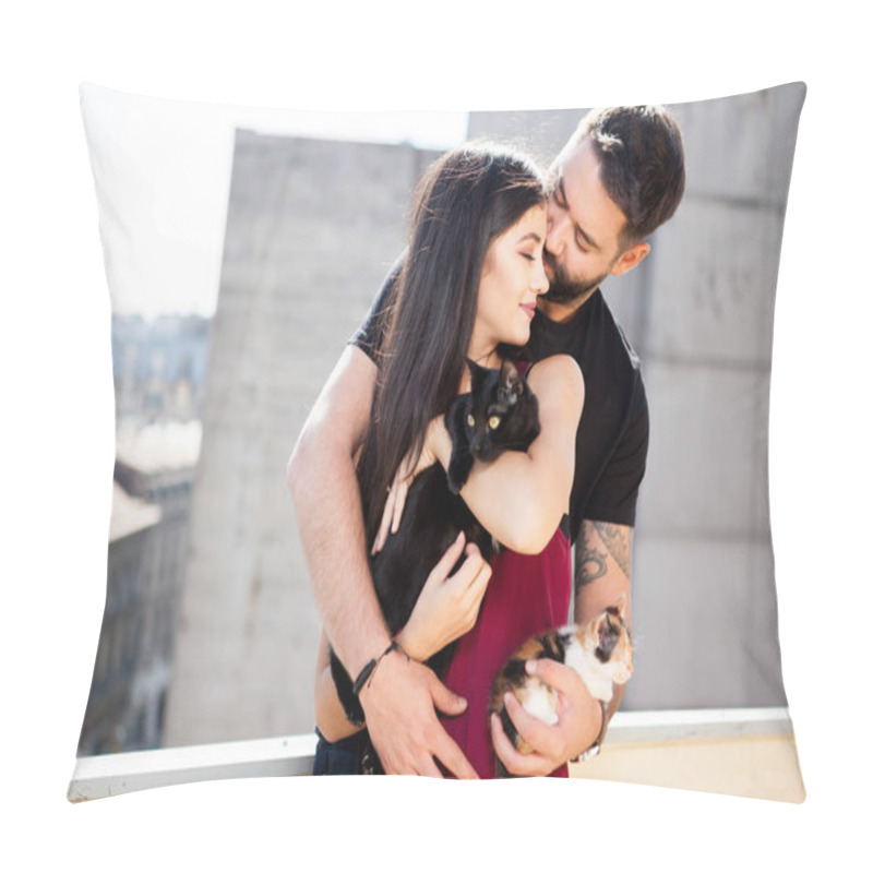 Personality  Young Couple Holding Cats In Hands On The Terrace Pillow Covers