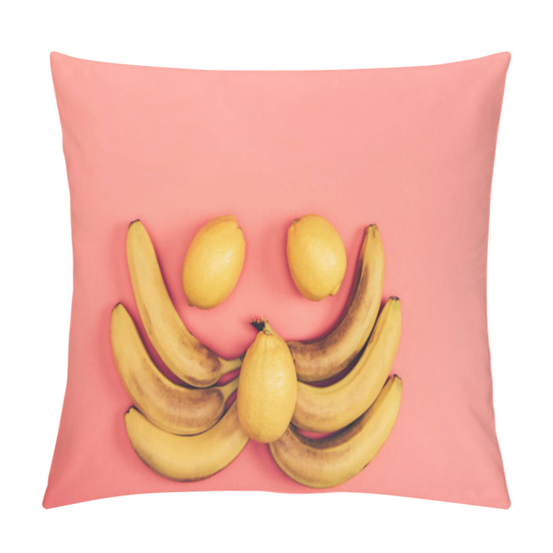 Personality  Flat Lay With Food Composition Of Yellow Juicy Bananas And Fresh Lemons On Coral Background Pillow Covers