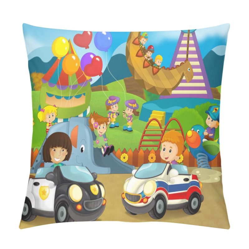 Personality  Cartoon Scene With Happy And Funny Kids On The Playground And In The Cars - Illustration For Children  Pillow Covers