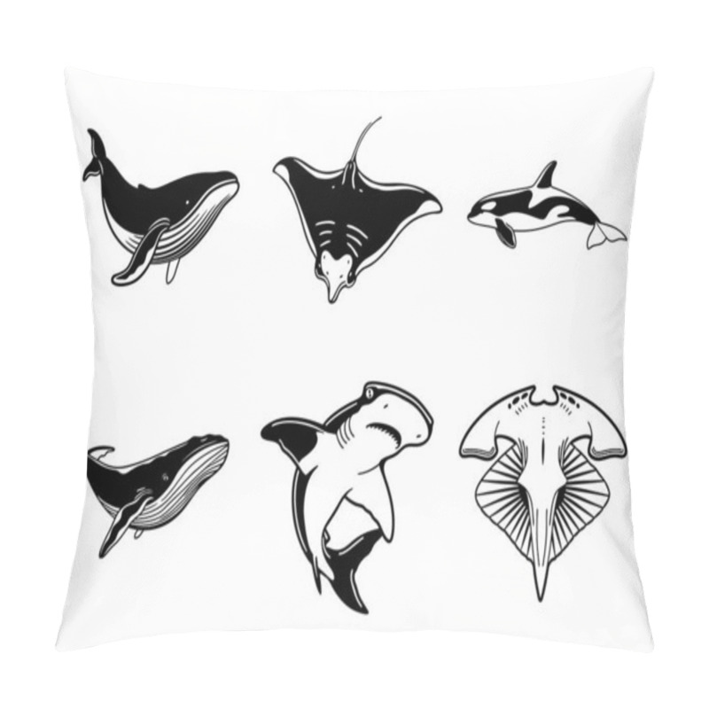 Personality  Set Of Black And White Fish. Ocean Depths. The Most Majestic Creatures Underwater. Pillow Covers