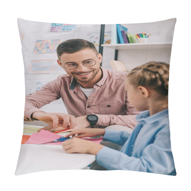 Personality  Smiling Teacher And Cute Preschooler Cutting Papers With Scissors Att Able In Classroom Pillow Covers