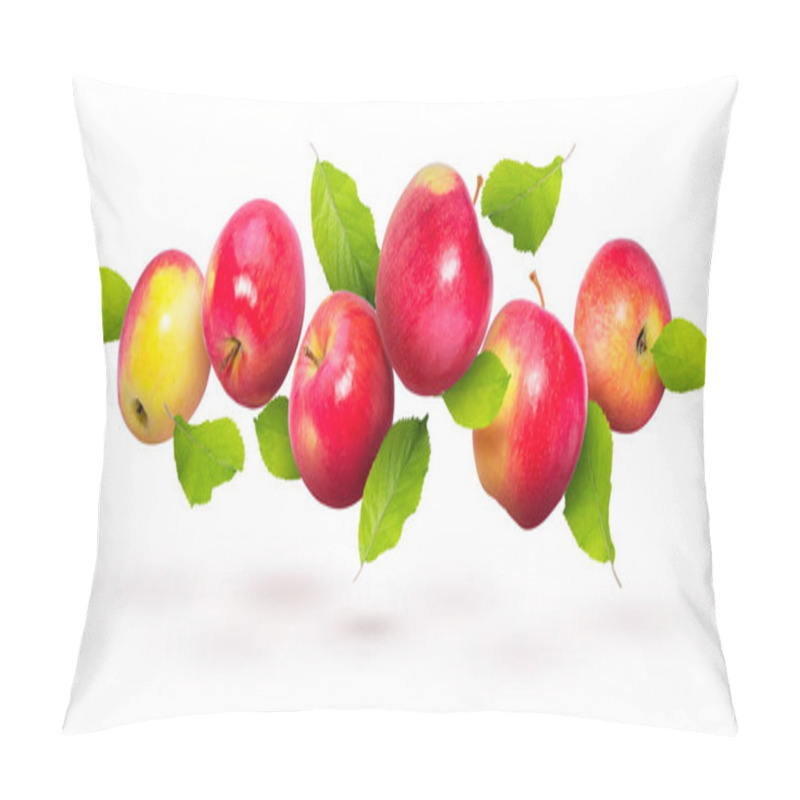 Personality  Red Apples With Green Leaves Fly On A White Background. Background With Apples. Natural Fresh Product Pillow Covers