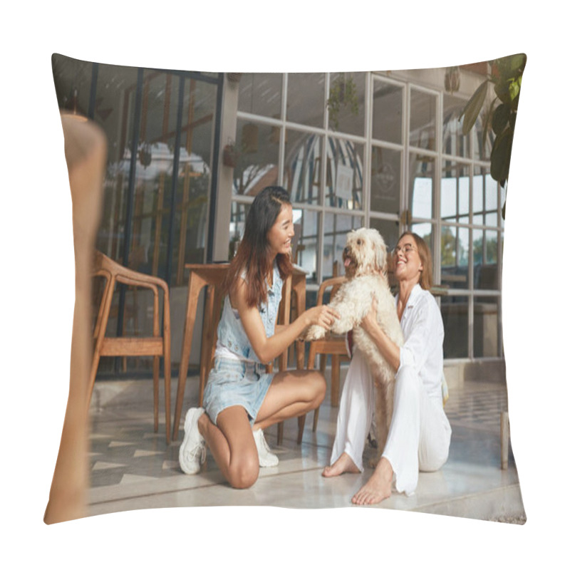 Personality  Dog-Friendly Cafe. Women With Pet Sitting On Patio And Enjoying Summer Vacation At Tropical Country. Walking With Dog In City As Part Of Urban Lifestyle. Beautiful Girls Playing With Puppy On Terrace. Pillow Covers