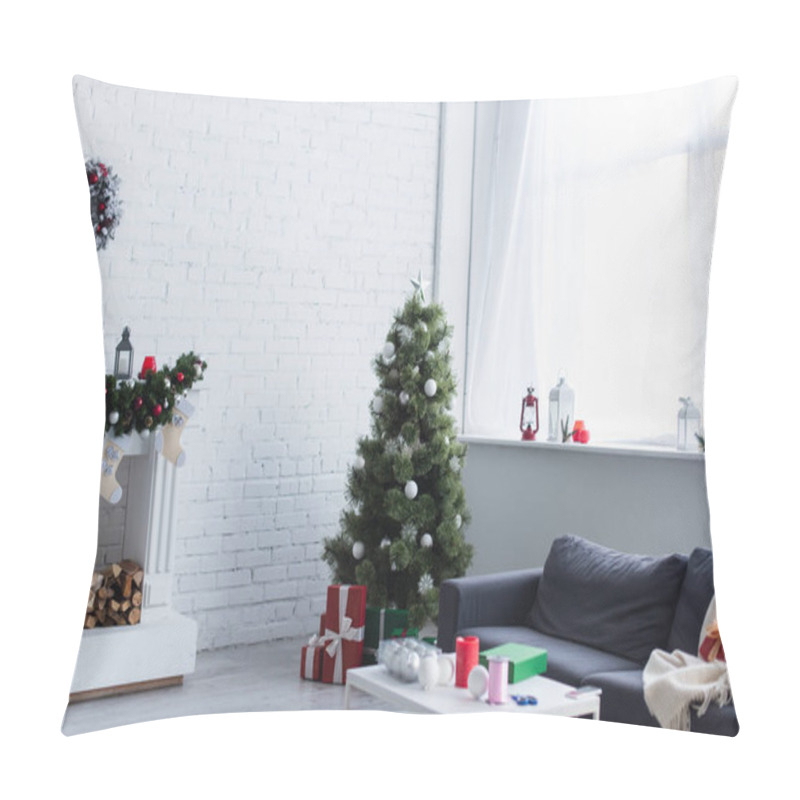 Personality  Spacious Living Room With Christmas Tree, Decorated Fireplace, Sofa And Table With Christmas Balls And Bobbin Of Decorative Ribbon Pillow Covers