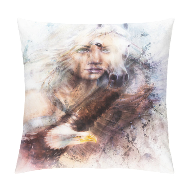 Personality  Painting Woman And  Horse With A Flying Eagle Beautiful Painting Illustration Collage. Pillow Covers