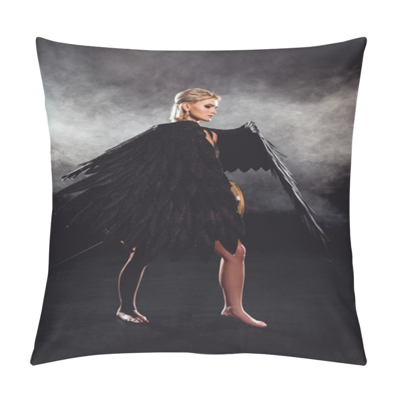 Personality  Beautiful Woman With Black Angel Wings And Sword Posing On Black Background Pillow Covers