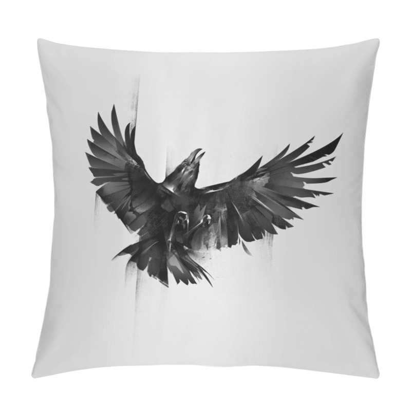 Personality  Drawn Flying Up Isolated Raven On A Gray Background Pillow Covers