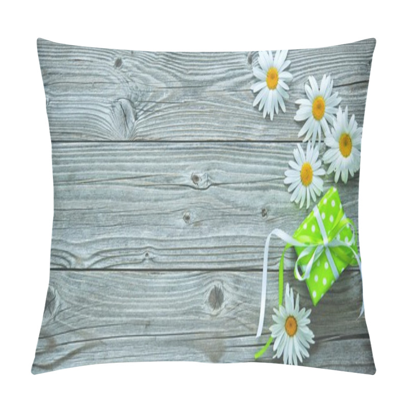 Personality  Gift Box And Daisy Flowers On Old Wooden Planks Pillow Covers