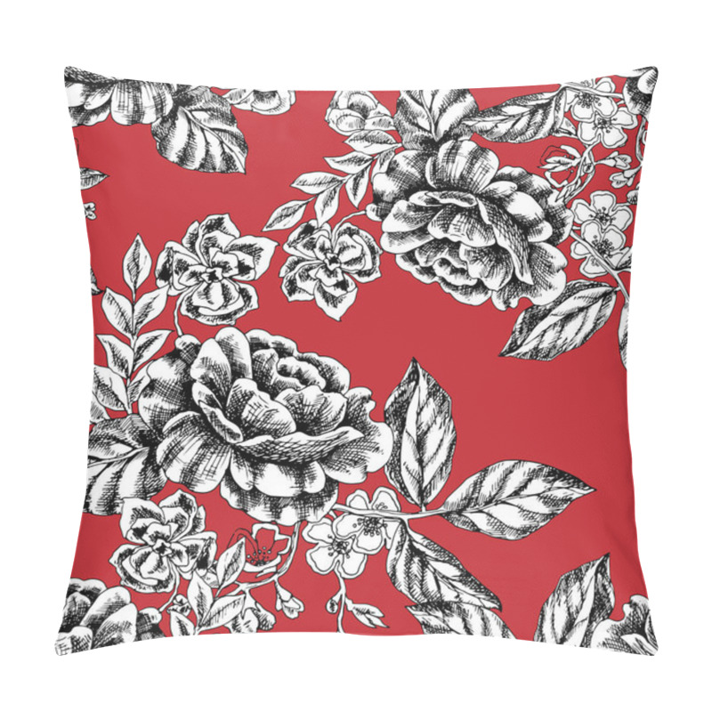 Personality  Graphic Flowers For Printed And Design. Monochrome Ornaments. Seamless Pattern On Red Background. Vector Illustration For Decor. Pillow Covers