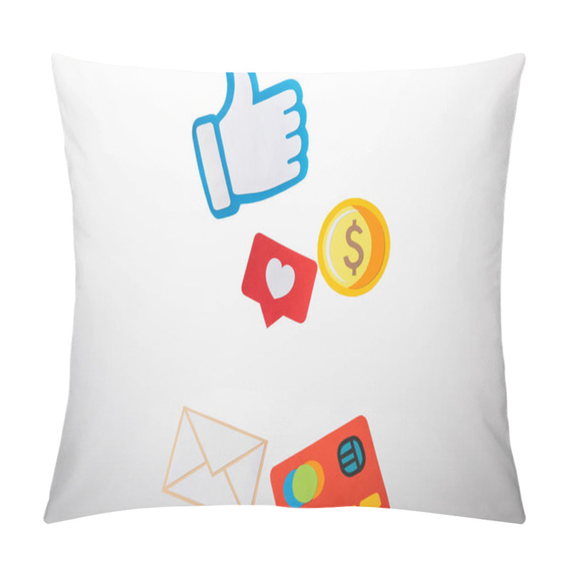 Personality  Paper Cut With Envelope, Coin, Credit Card, Hearts And Thumb Up On White Background Pillow Covers