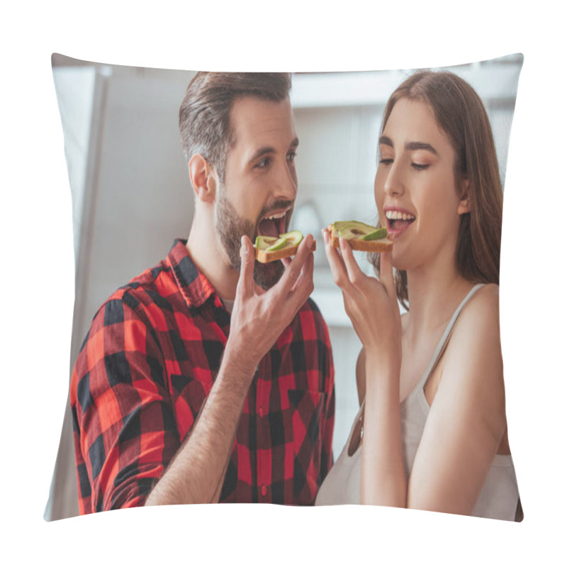 Personality  Cheerful Young Couple Holding Toasts With Fresh Avocado Pillow Covers