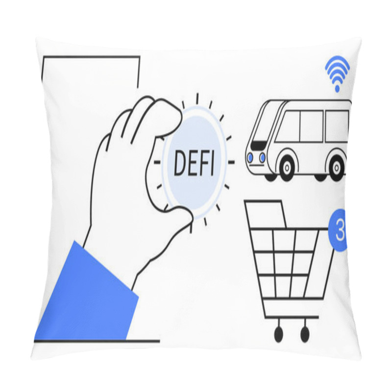 Personality  Hand Pressing DeFi Button, Smart Bus With Wireless Signal, Shopping Cart With Item Notification. Ideal For Fintech, Smart Transportation, E-commerce, Innovation, Digital Networks, Tech Integration Pillow Covers