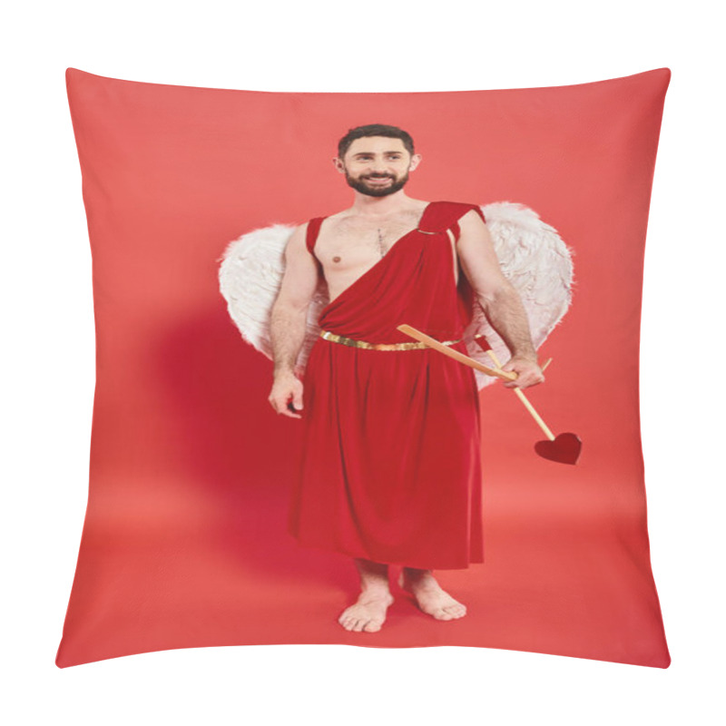 Personality  Smiling Barefoot Bearded Man In Cupid Costume With Bow And Arrow Standing And Looking Away On Red Pillow Covers