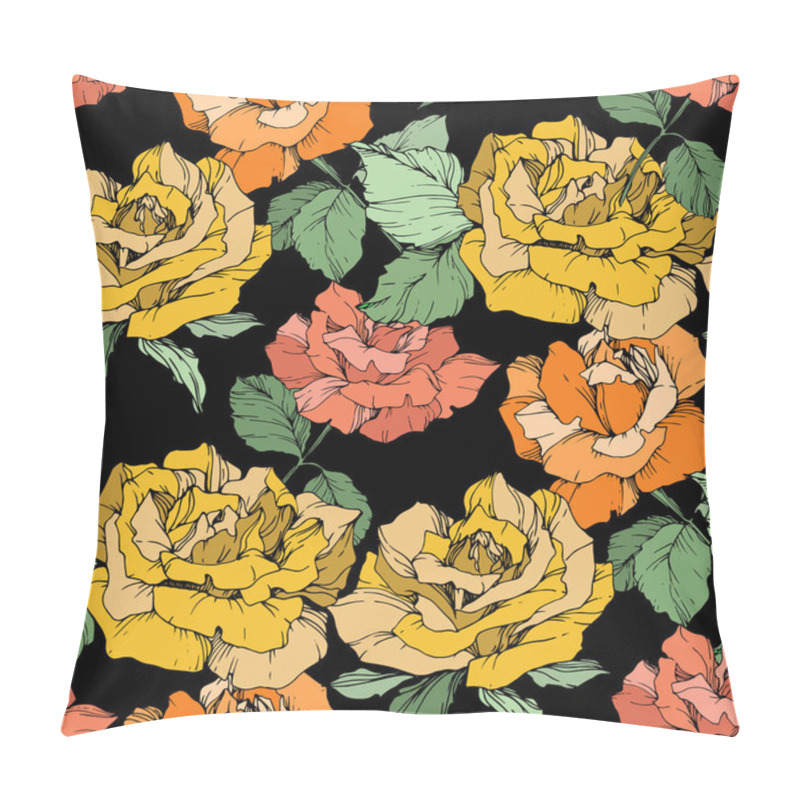 Personality  Orange, Yellow And Coral Roses. Engraved Ink Art. Seamless Background Pattern. Fabric Wallpaper Print Texture On Black Background. Pillow Covers