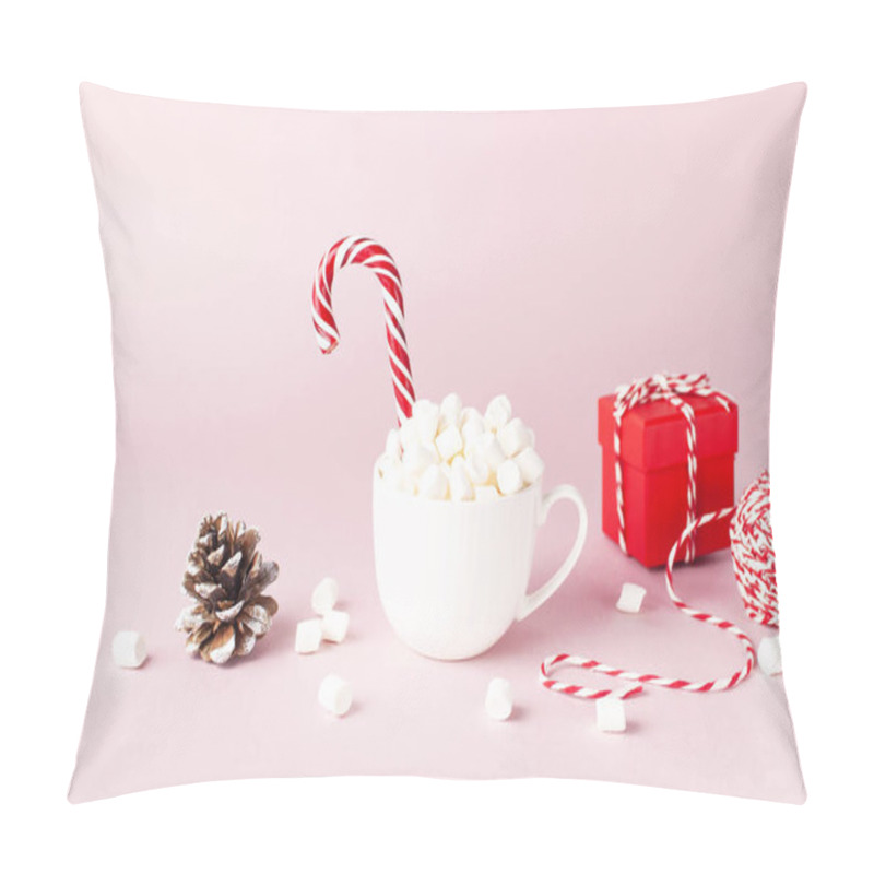 Personality  White Mug With Marshmallows Candy Cane, Red Gift Box, Pine Cone, Decorative Lace On Pink Background Flat Lay Winter Traditional Drink Food Festive Decor Christmas New Year Presents Xmas Holiday Pillow Covers