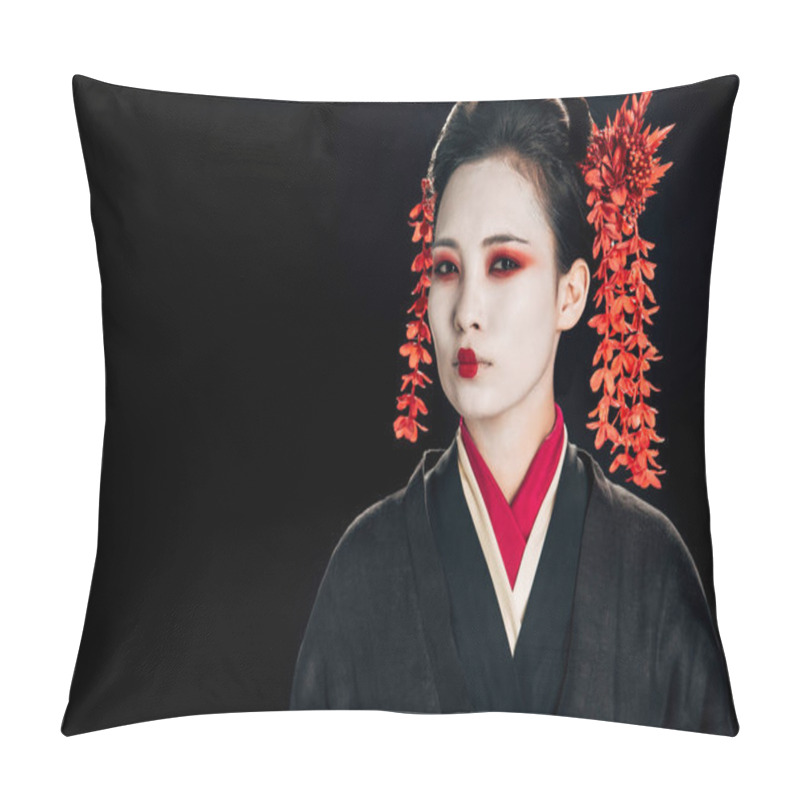 Personality  Serious Geisha In Black And Red Kimono And Flowers In Hair Isolated On Black Pillow Covers