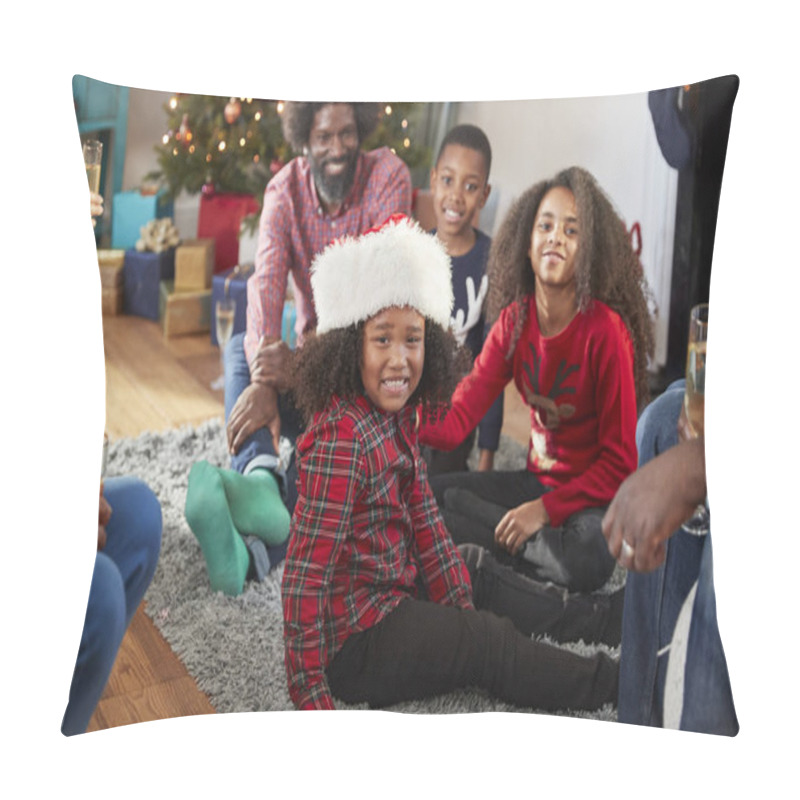 Personality  Portrait Of Boy Wearing Santa Hat As Multi Generation Family Celebrating Christmas At Home Together Pillow Covers