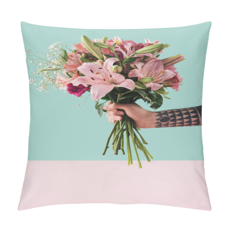 Personality  Cropped View Of Tattooed Male Hand With Bouquet Of Pink Lily Flowers Pillow Covers