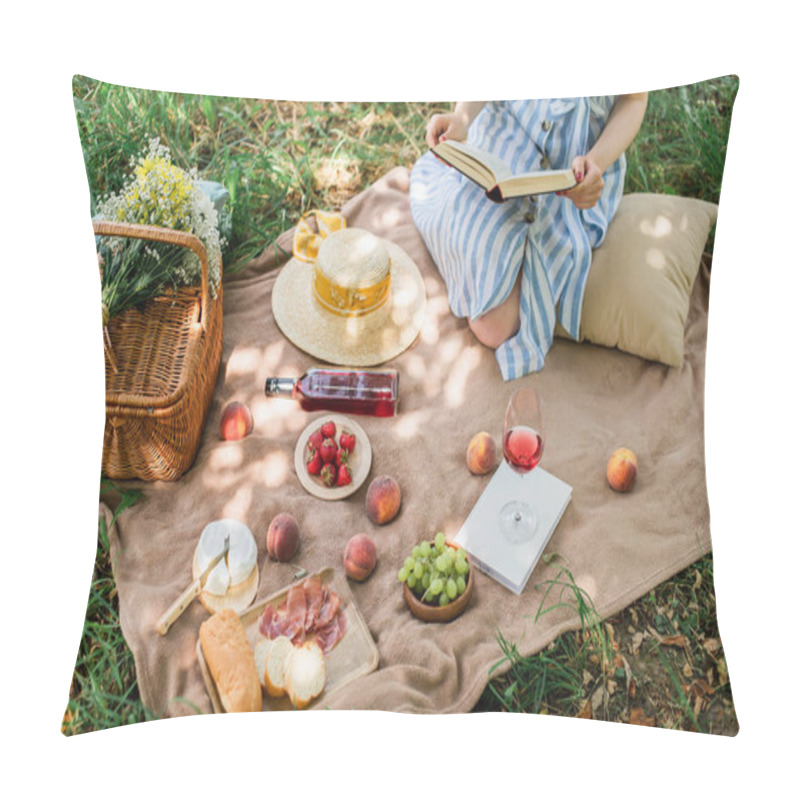 Personality  Cropped View Of Young Woman Holding Book During Picnic With Wine And Food In Park  Pillow Covers