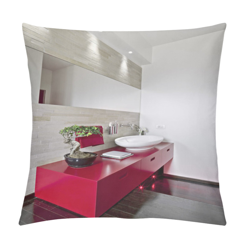 Personality  Interior Shot Of A Modern Bathroom In Foreground The Red Washbasin Cabinet The Floor Is Made Of Wood Pillow Covers