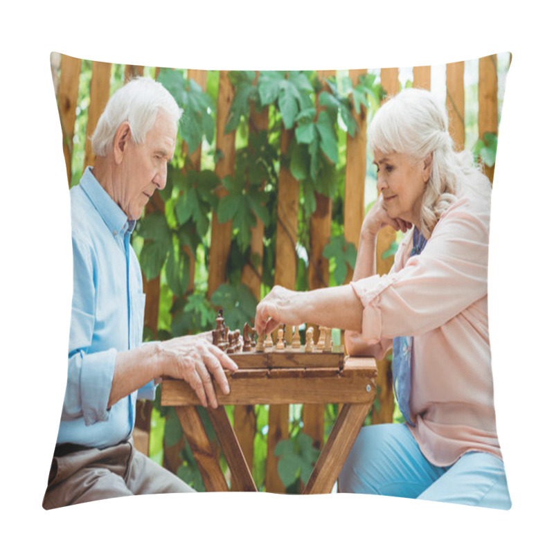 Personality  Retired Woman With Grey Hair Playing Chess With Senior Husband  Pillow Covers