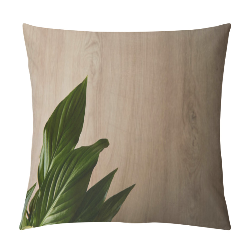 Personality  Top View Of Green Leaves On Wooden Beige Background Pillow Covers