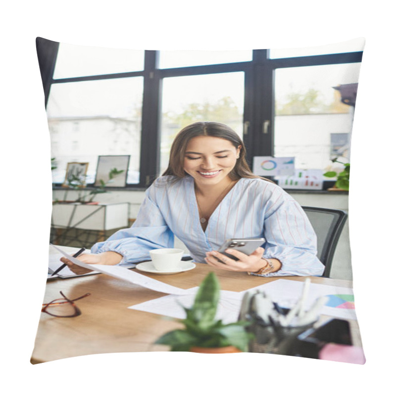 Personality  Young Woman Smiles While Using Her Phone In A Well Lit Office Filled With Plants. Pillow Covers