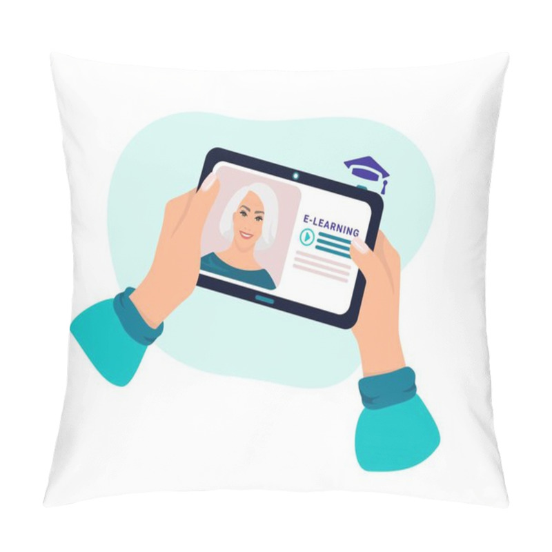 Personality  The Student Received A New Lesson From The Teacher. Learn Online Using Your Tablet. Distance Learning In Online School Concept Of Coronavirus 2019-nCoV. Colorful Vector Illustration. Pillow Covers