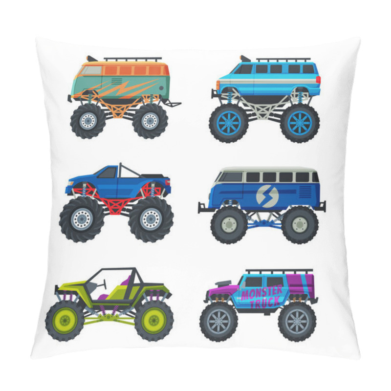 Personality  Monster Truck With Four-wheel Steering And Oversized Tires For Competition And Entertainment Vector Set. Modified Pickup Truck For Motocross And Mud Bogging Concept Pillow Covers