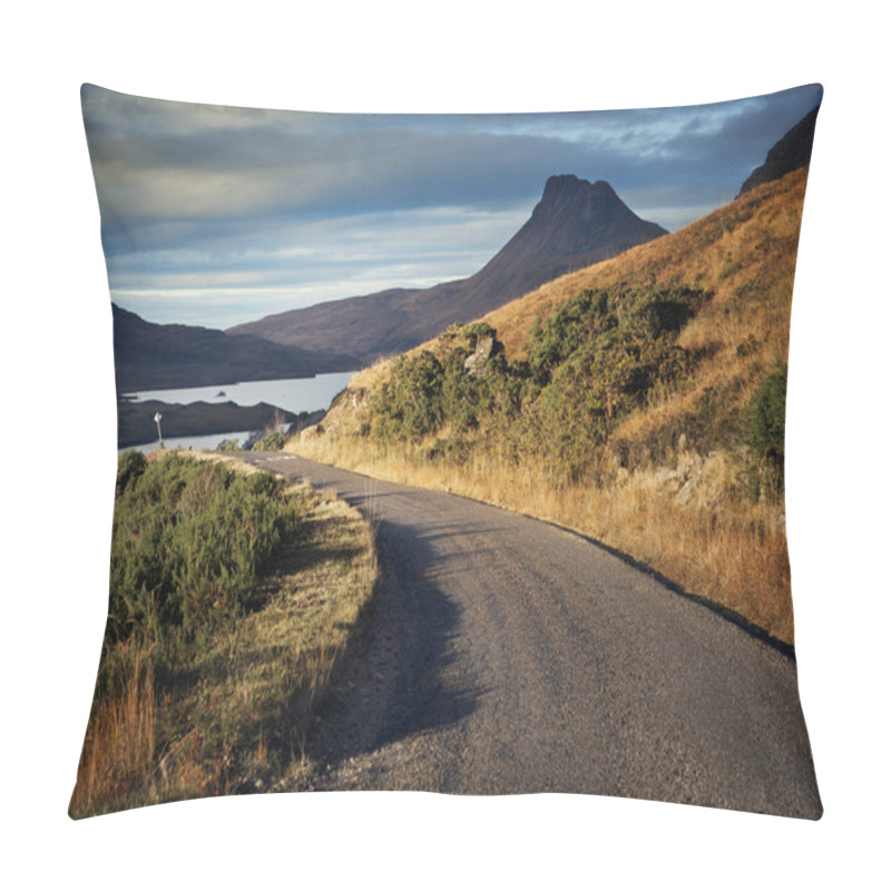 Personality  Rural Road And View Of Stac Pollaidh, Assynt, North West Highlands, Scotland, UK Pillow Covers