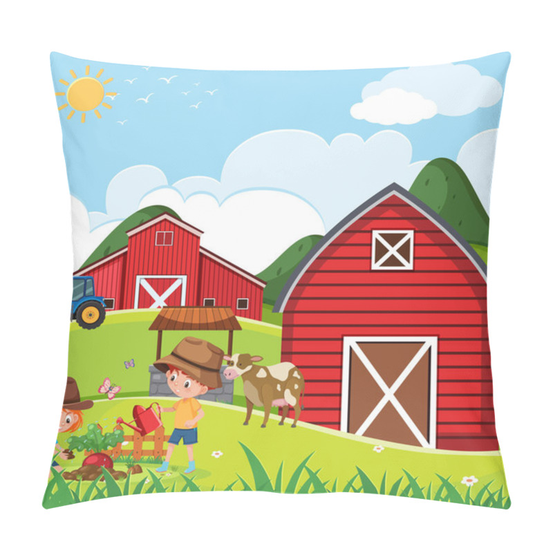 Personality  Farm Scene With Happy Children Planting Vegetable On The Farm Illustration Pillow Covers