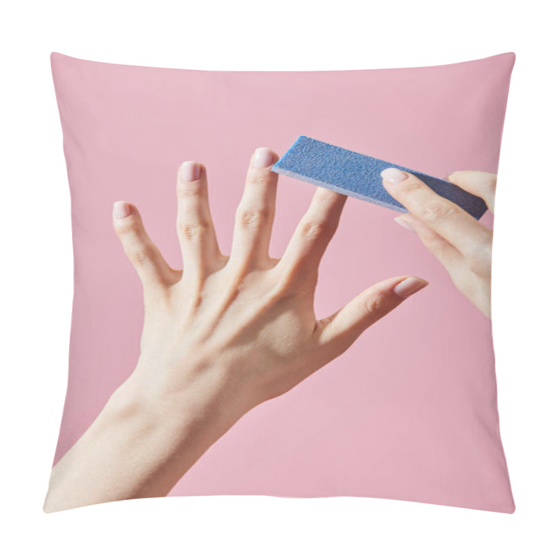 Personality  Cropped View Of Woman Doing Manicure With Nail Buffer Isolated On Pink Pillow Covers