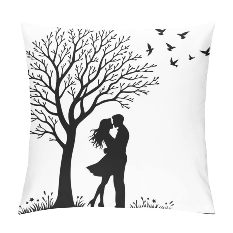 Personality  Lovers Under A Bare Tree With Birds Flying In The Sky. This Minimalist Illustration Highlights Love In Nature, Capturing A Serene Moment Perfect For Wedding Invitations Or Romantic Art. Lovers, Tree, Birds, Sky, Silhouette Couples. Pillow Covers