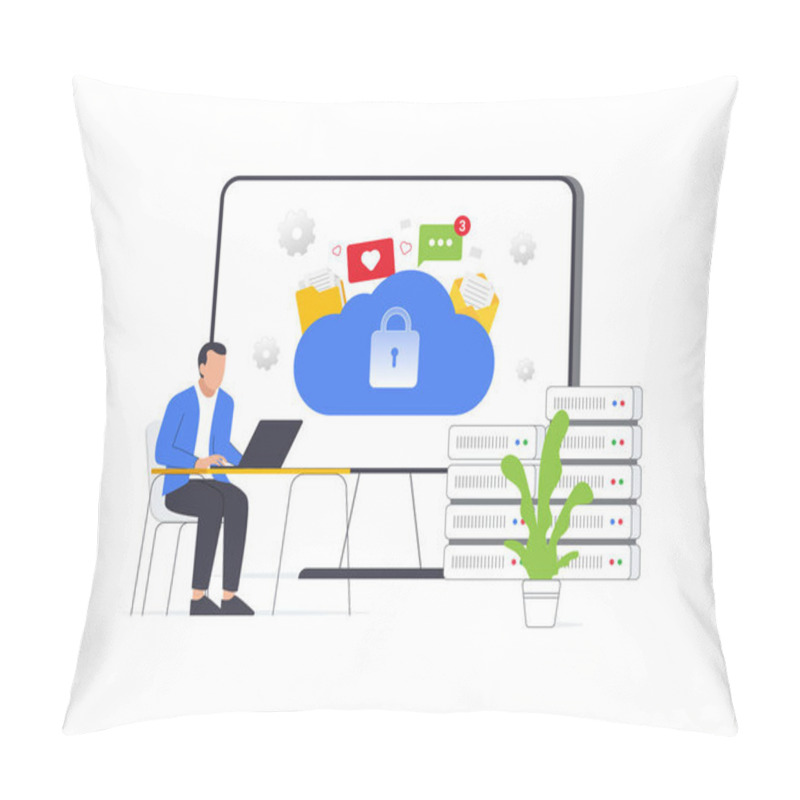 Personality  Cybersecurity In Cloud-based Media Management. Protecting Data Files And Documents In Digital Folders During Data Transfers. Vector Illustration Of Cloud Storage Icon. Pillow Covers