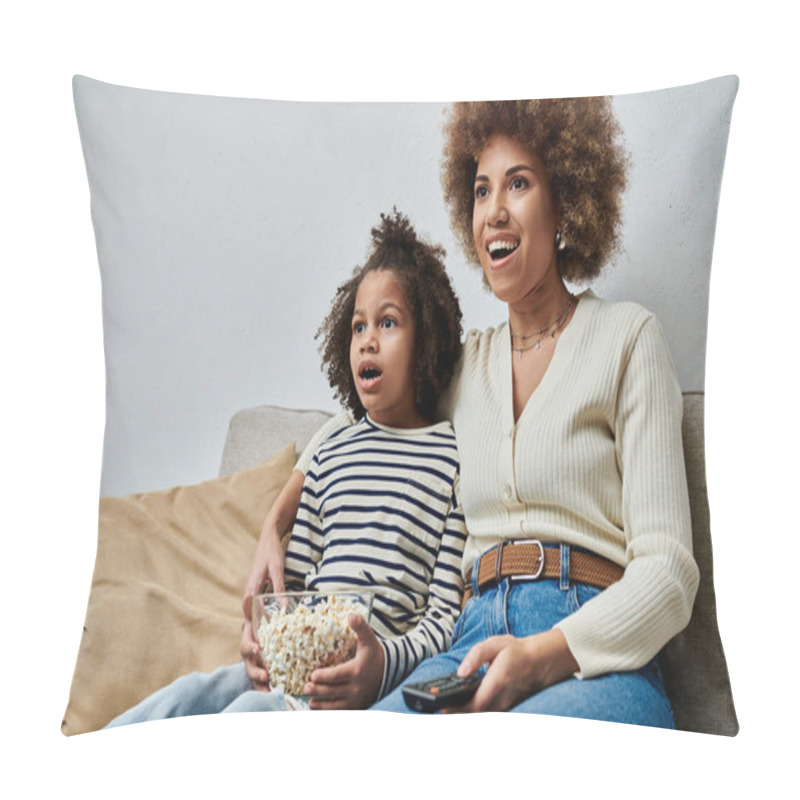 Personality  Happy African American Mother And Daughter Sit Together On A Couch, Watching TV With Smiles On Their Faces. Pillow Covers