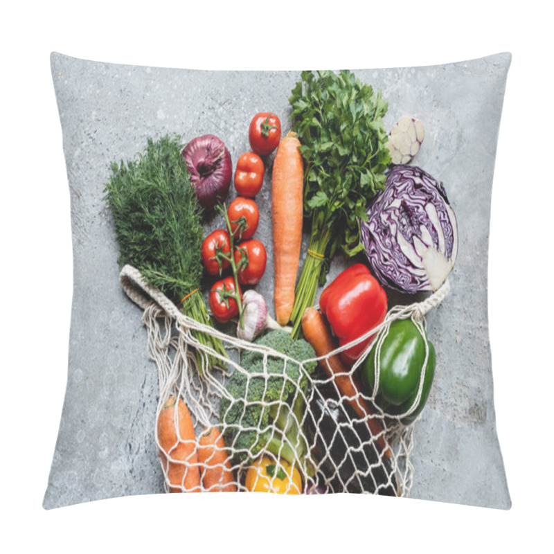 Personality  Top View Of Fresh Ripe Vegetables In String Bag On Grey Concrete Surface Pillow Covers