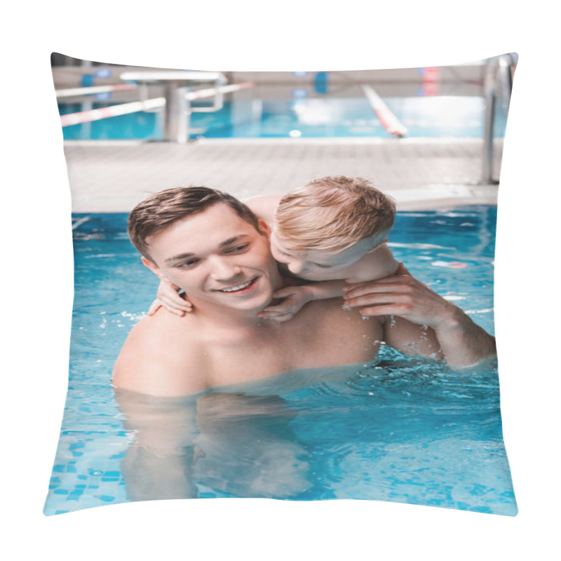 Personality  Cute Toddler Boy Hugging Happy Swim Coach In Swimming Pool  Pillow Covers