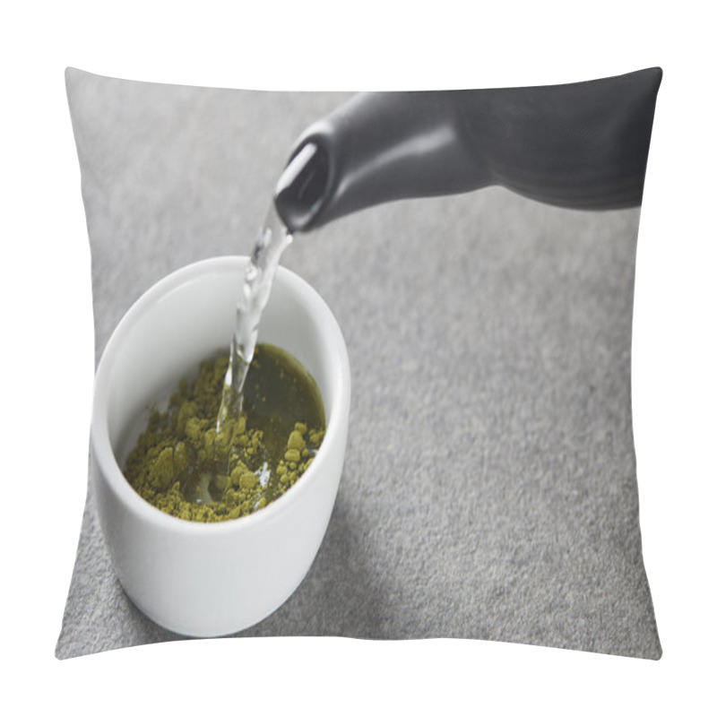 Personality  Black Teapot Pouring Water In White Cup With Green Matcha Powder Pillow Covers