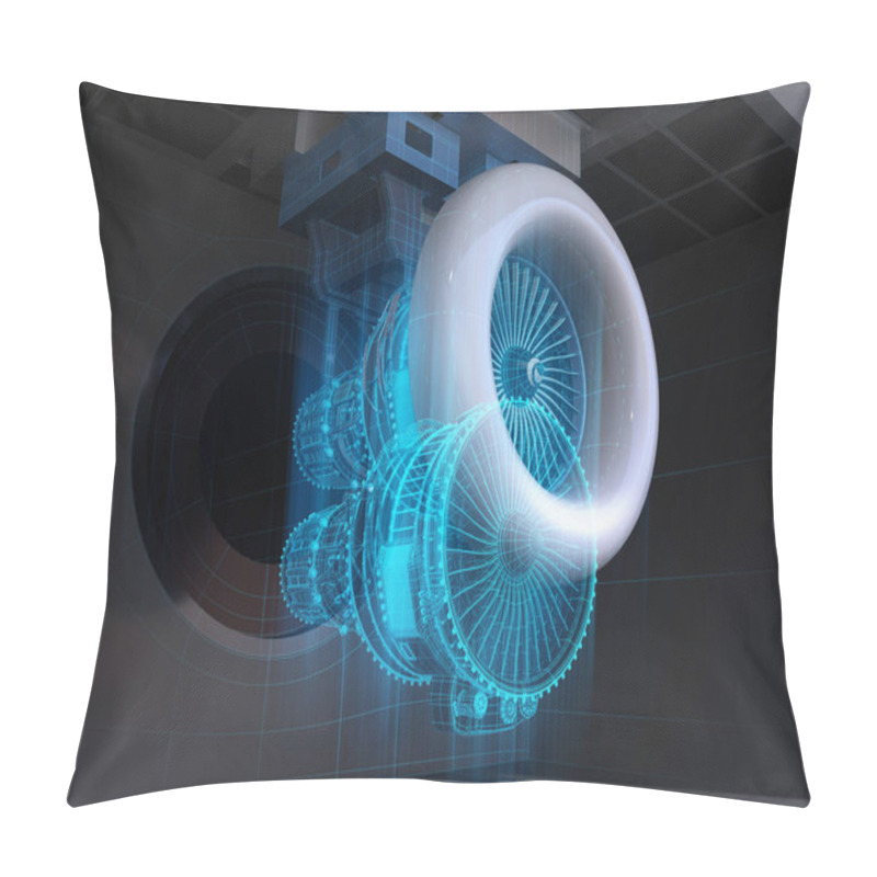 Personality  Wireframe Rendering Of Aeroengine Test Cell. Digital Twin Concept. 3D Rendering Image. Pillow Covers