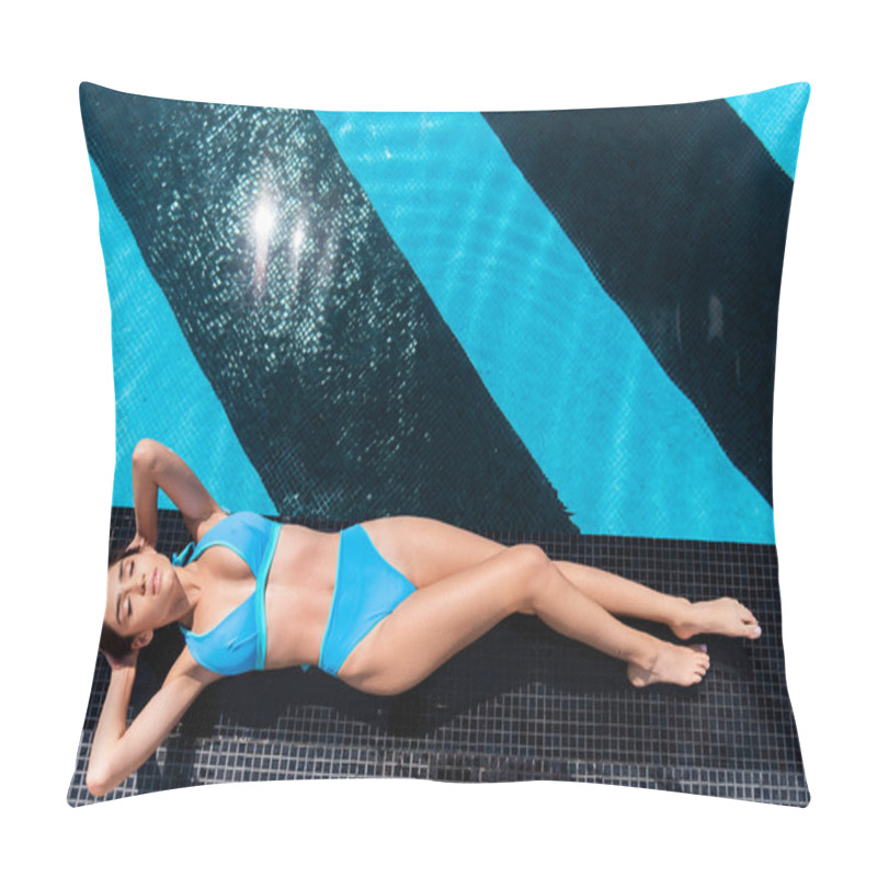 Personality  Top View Of Girl In Blue Bikini Sunbathing At Poolside Pillow Covers