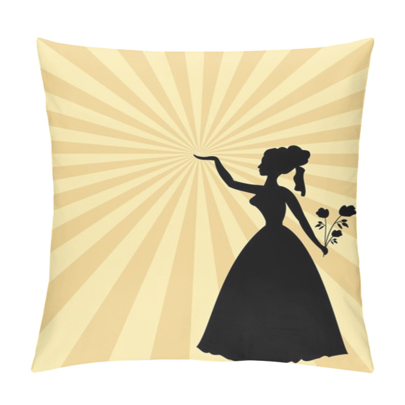 Personality  Woman Black Silhouette On Beige And Gold Rays Patterned Background. Lady With Roses Bouquet And Raised Hand. Template In Old Style For Party Or Ball Invitation Pillow Covers