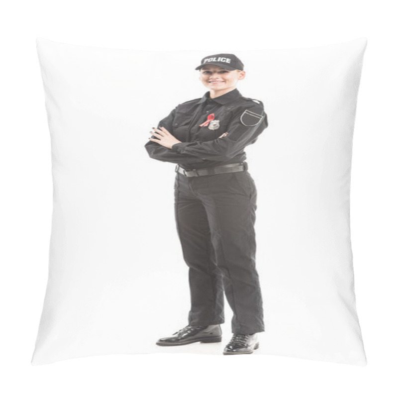 Personality  Smiling Female Police Officer With Aids Awareness Red Ribbon Looking At Camera With Crossed Arms Isolated On White Pillow Covers