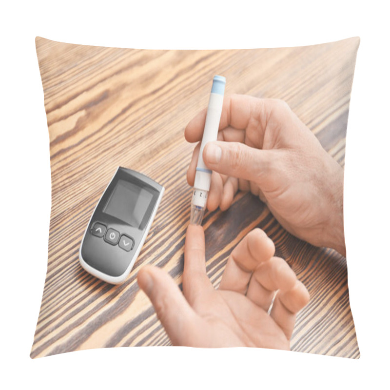 Personality  Man Using Lancet Pen Over Table, Closeup. Diabetes Monitoring Pillow Covers