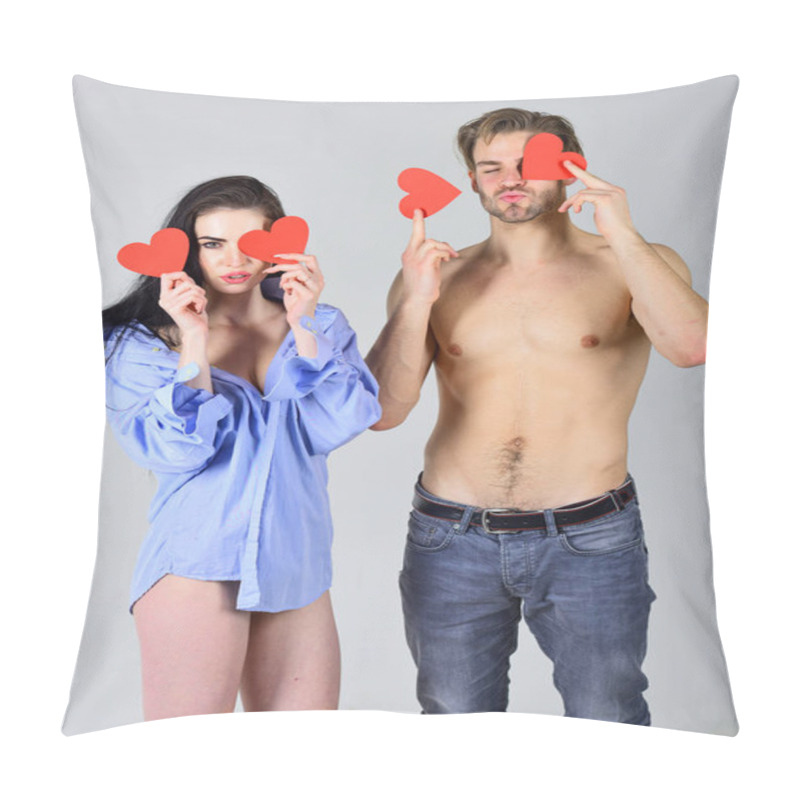 Personality  Sexual Relations Between People. Man Sexy Torso And Woman In His Shirt Hold Red Hearts Valentines Cards. Love And Relations Concept. Romantic Relations. Couple In Love Happy With Their Relations Pillow Covers